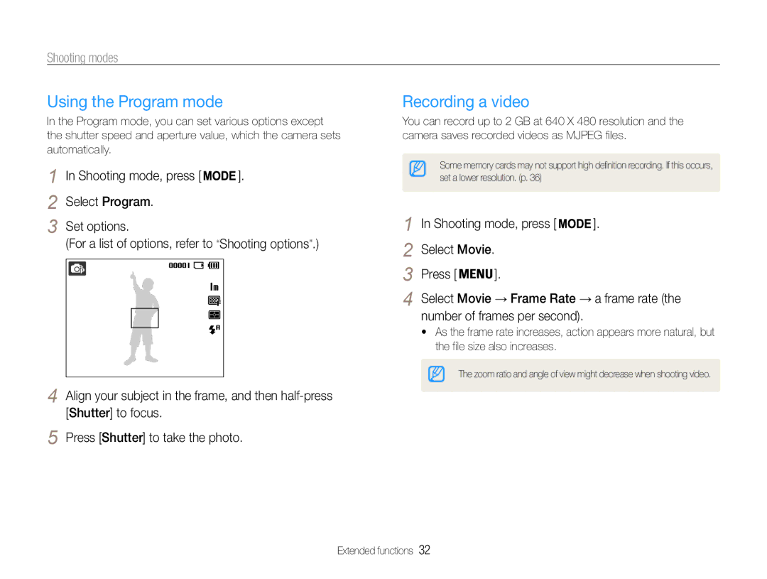 Samsung EC-ST30ZZDPPZA manual Using the Program mode, Recording a video, Shooting mode, press Select Program Set options 