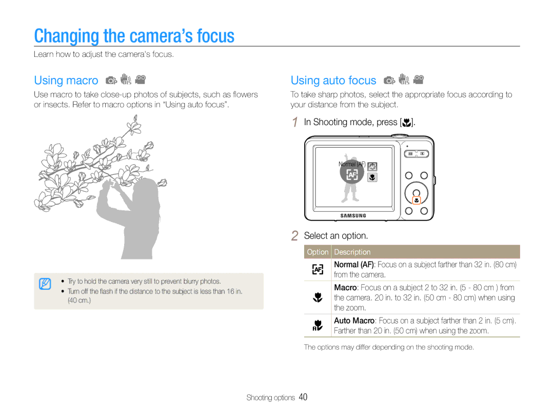 Samsung EC-ST30ZZBPLE3 Changing the camera’s focus, Using macro, Using auto focus, Learn how to adjust the cameras focus 