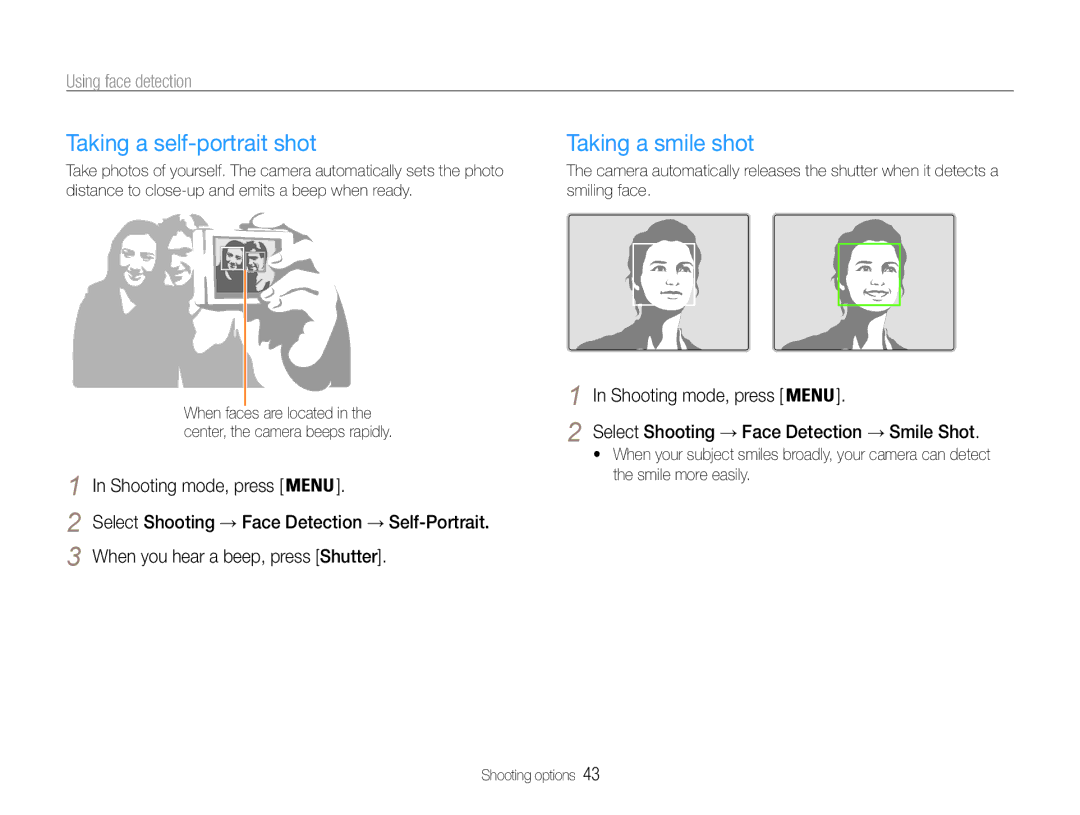 Samsung EC-ST30ZZBPEE2, EC-ST30ZZBPEE1 manual Taking a self-portrait shot, Taking a smile shot, Using face detection 