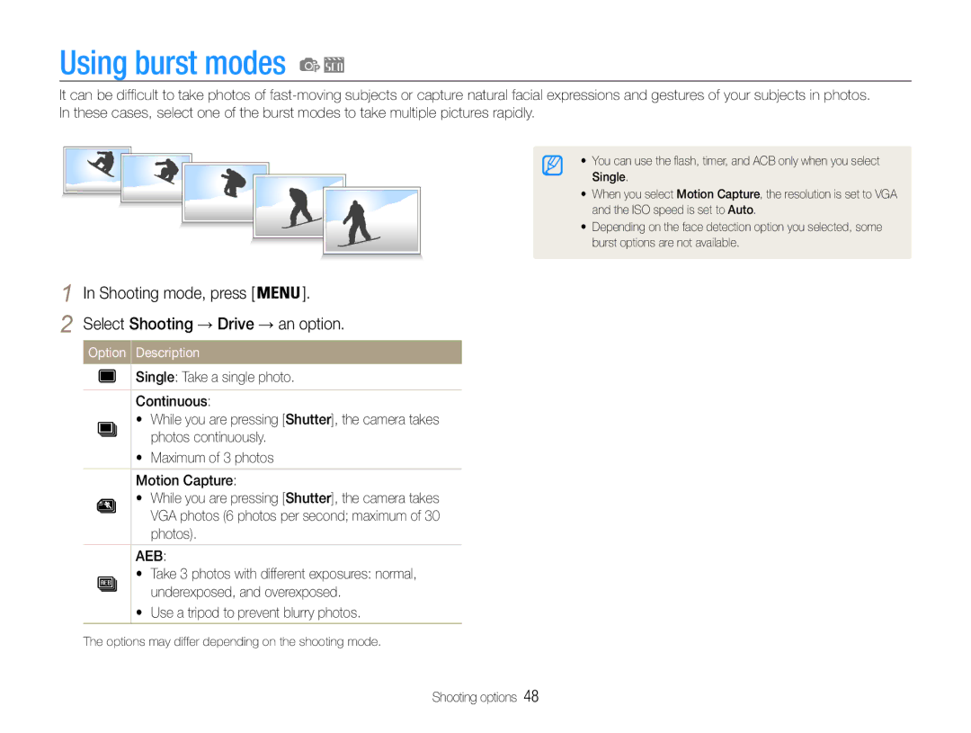 Samsung EC-ST30ZZBPSE2, EC-ST30ZZBPEE1, EC-ST30ZZBPPE1 manual Using burst modes, Select Shooting → Drive → an option 