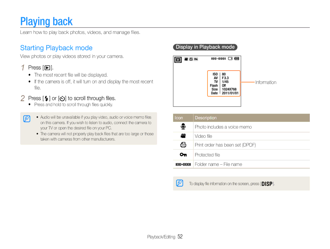 Samsung EC-ST30ZZBPSRU Playing back, Starting Playback mode, Press or to scroll through files, Display in Playback mode 