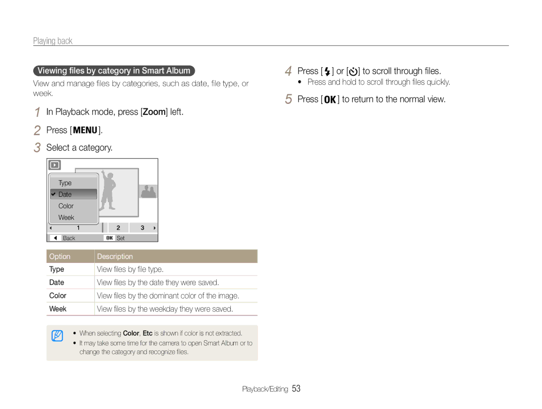 Samsung EC-ST30ZZBPBIL, EC-ST30ZZBPEE1, EC-ST30ZZBPPE1 manual Playing back, Playback mode, press Zoom left, Select a category 