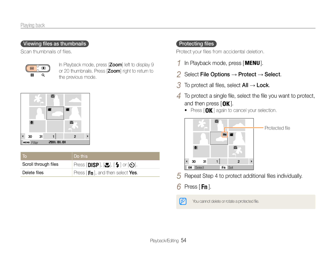 Samsung EC-ST30ZZBPLIL, EC-ST30ZZBPEE1, EC-ST30ZZBPPE1 manual Viewing files as thumbnails, Protecting files, Then press Press 