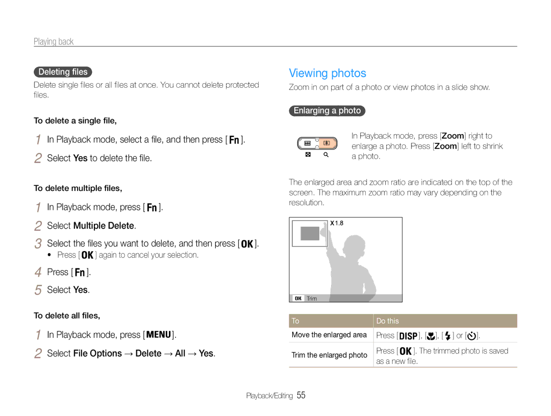 Samsung EC-ST30ZZBPPIL Viewing photos, Select Multiple Delete, Press Select Yes, Select File Options → Delete → All → Yes 