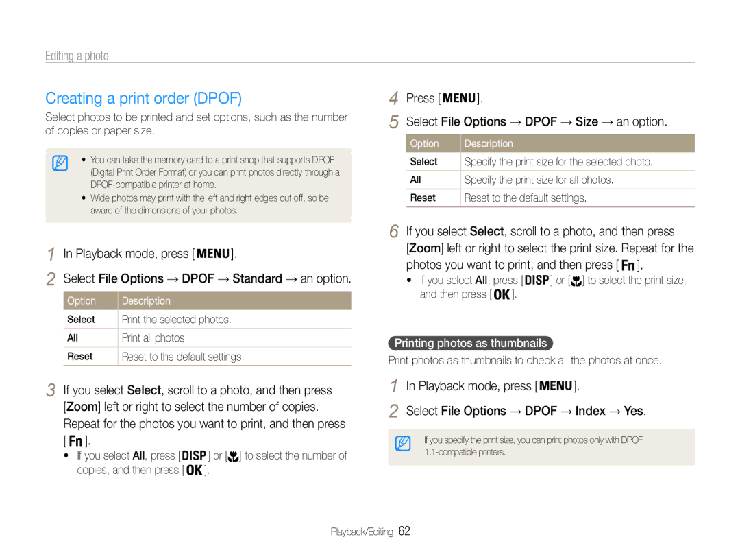 Samsung EC-ST30ZZBPBE1, EC-ST30ZZBPEE1 Creating a print order Dpof, Press Select File Options → Dpof → Size → an option 