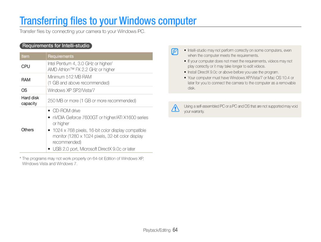 Samsung EC-ST30ZZBPSE1, EC-ST30ZZBPEE1 manual Transferring files to your Windows computer, Requirements for Intelli-studio 