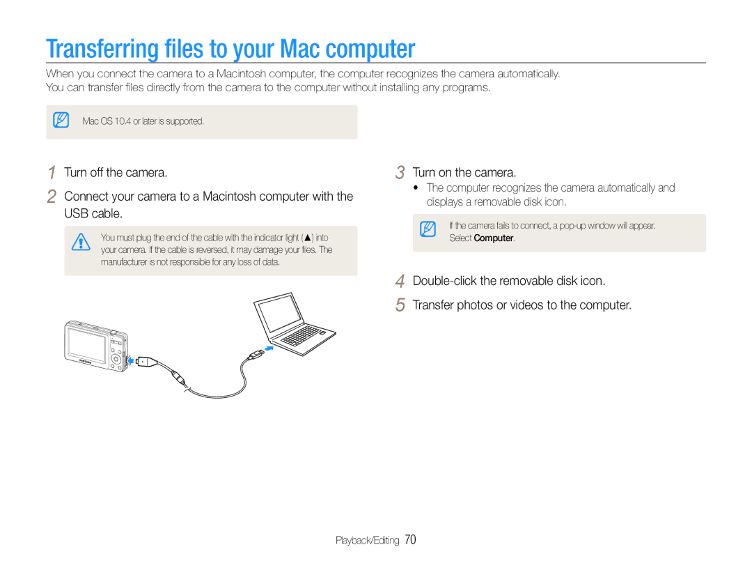 Samsung EC-ST30ZZBPBE3, EC-ST30ZZBPEE1, EC-ST30ZZBPPE1, EC-ST30ZZDPBZA manual Transferring files to your Mac computer 