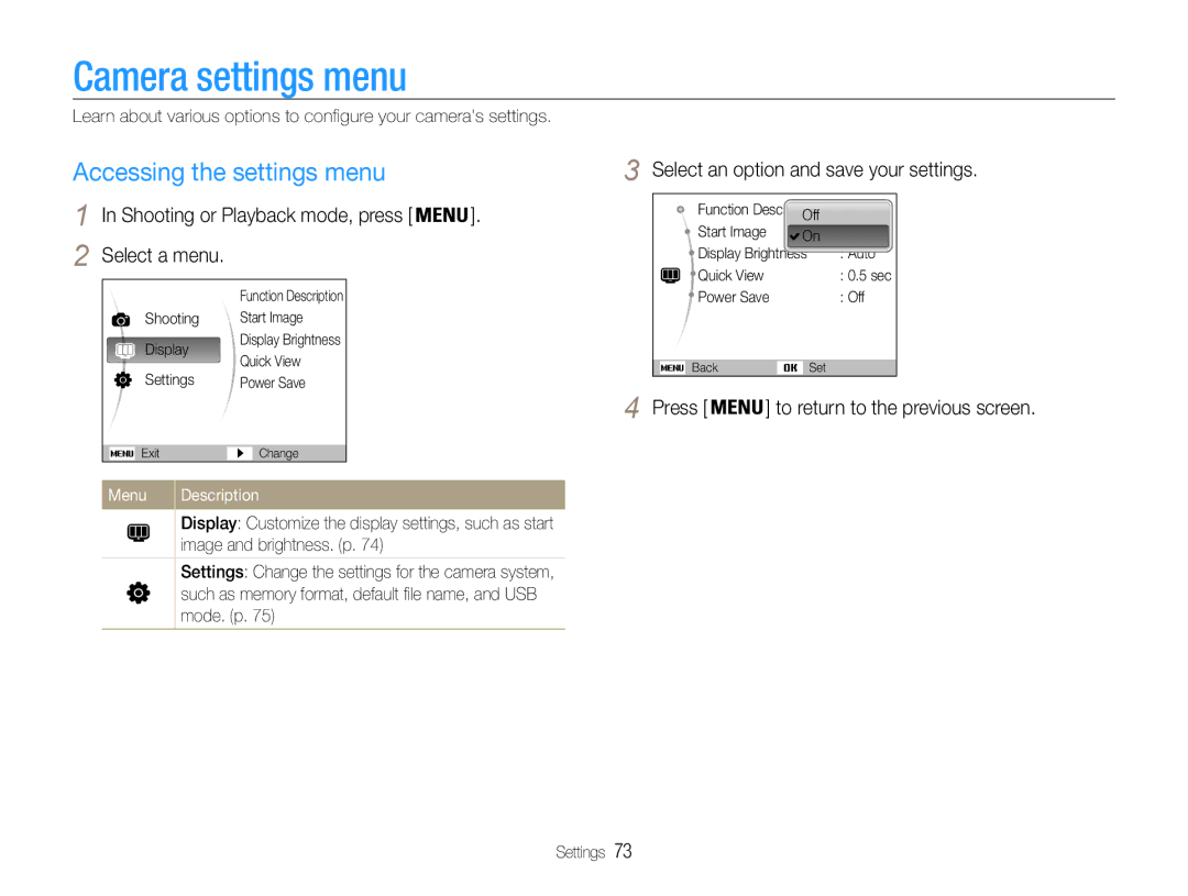 Samsung EC-ST30ZZBPPE2 manual Camera settings menu, Accessing the settings menu, Select an option and save your settings 