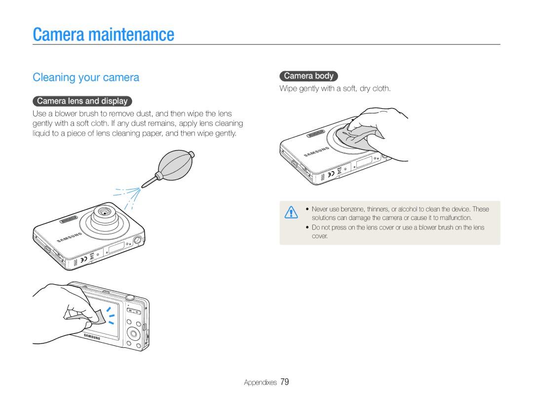 Samsung EC-ST30ZZBPBRU, EC-ST30ZZBPEE1 manual Camera maintenance, Cleaning your camera, Camera lens and display, Camera body 