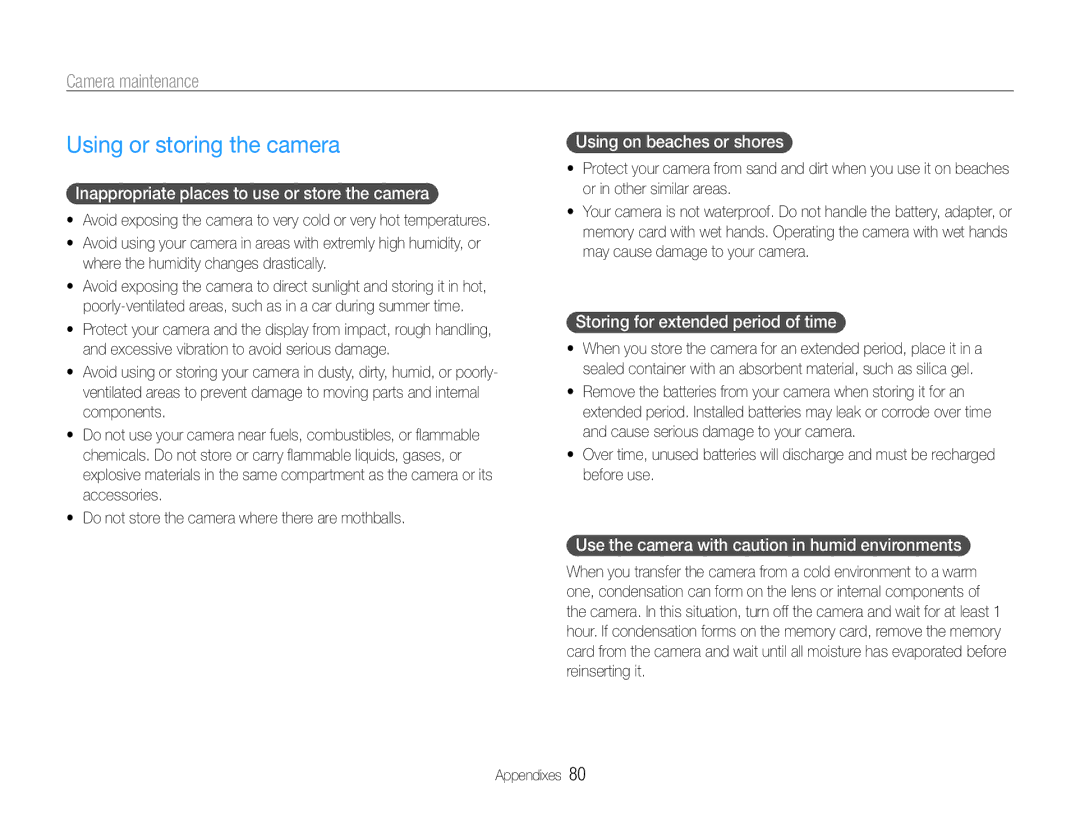 Samsung EC-ST30ZZBPPRU, EC-ST30ZZBPEE1, EC-ST30ZZBPPE1, EC-ST30ZZDPBZA manual Using or storing the camera, Camera maintenance 