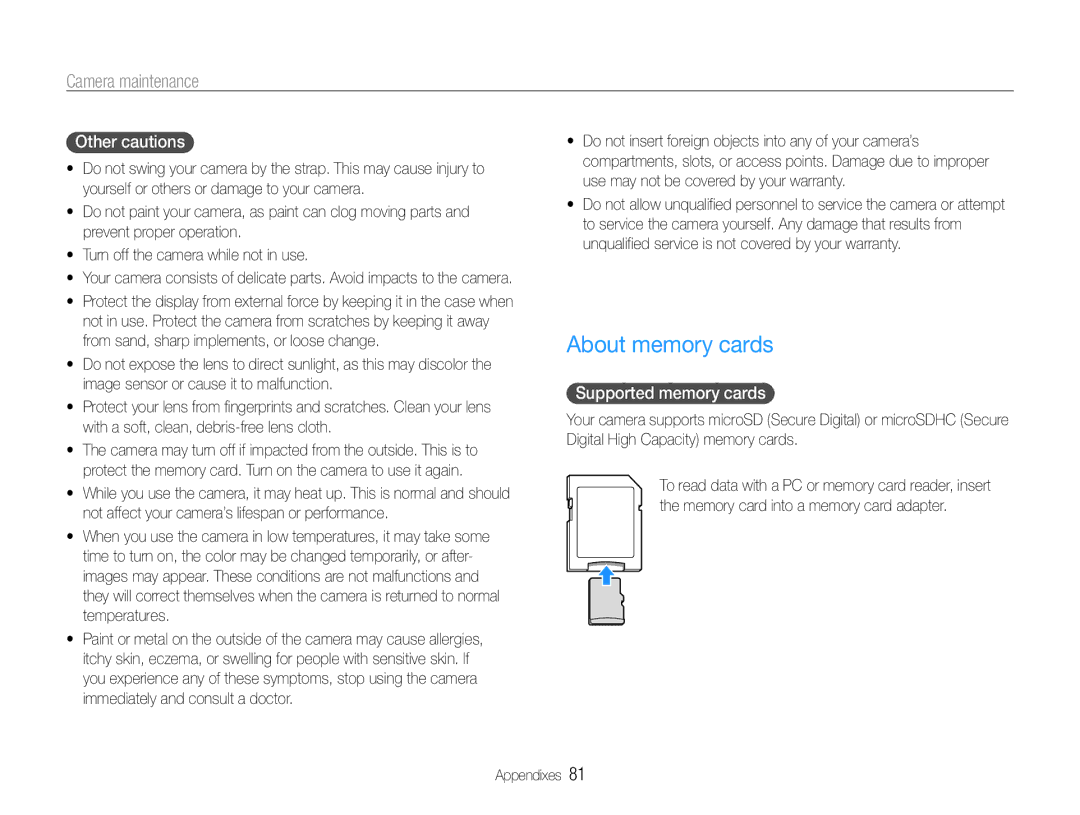 Samsung EC-ST30ZZBPSRU, EC-ST30ZZBPEE1, EC-ST30ZZBPPE1 manual About memory cards, Other cautions, Supported memory cards 