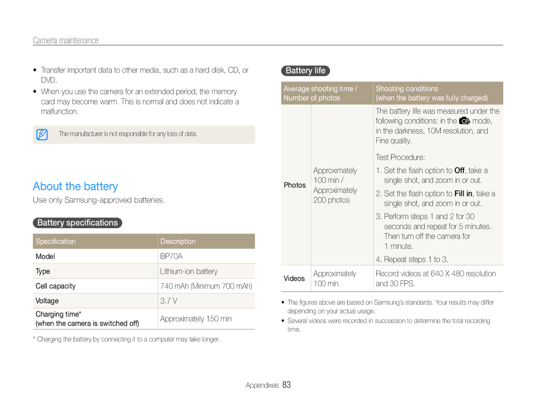 Samsung EC-ST30ZZBPLIL, EC-ST30ZZBPEE1 About the battery, Battery specifications, Battery life, Specification Description 