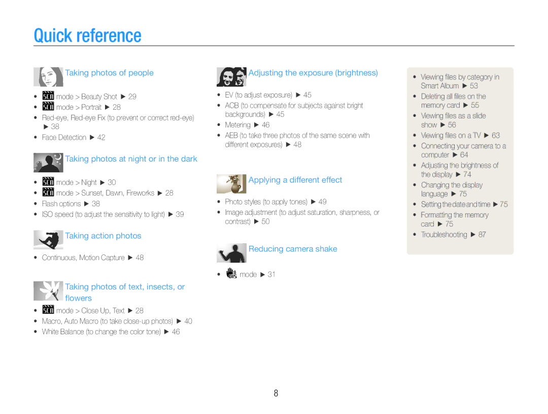 Samsung EC-ST30ZZBDSVN, EC-ST30ZZBPEE1, EC-ST30ZZBPPE1, EC-ST30ZZDPBZA manual Quick reference, Taking photos of people 