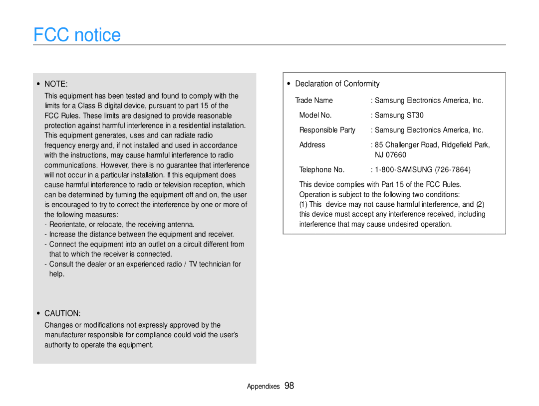 Samsung EC-ST30ZZBPLE3, EC-ST30ZZBPEE1 FCC notice, Model No Samsung ST30 Responsible Party, Address, Telephone No Samsung 