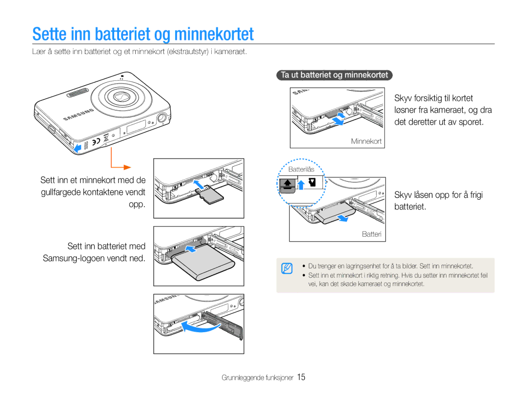 Samsung EC-ST30ZZBPRE2, EC-ST30ZZBPEE2 Sette inn batteriet og minnekortet, Skyv låsen opp for å frigi batteriet, Batteri 