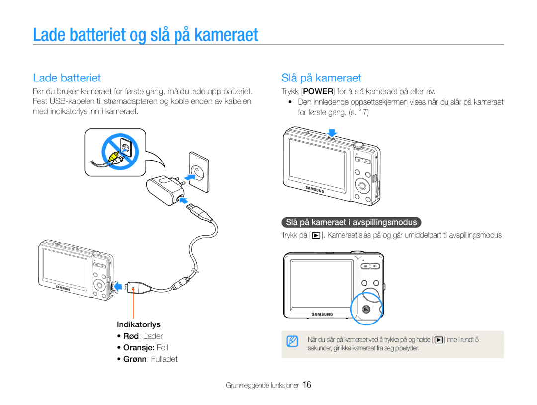 Samsung EC-ST30ZZBPSE2, EC-ST30ZZBPEE2 manual Lade batteriet og slå på kameraet, Slå på kameraet i avspillingsmodus 