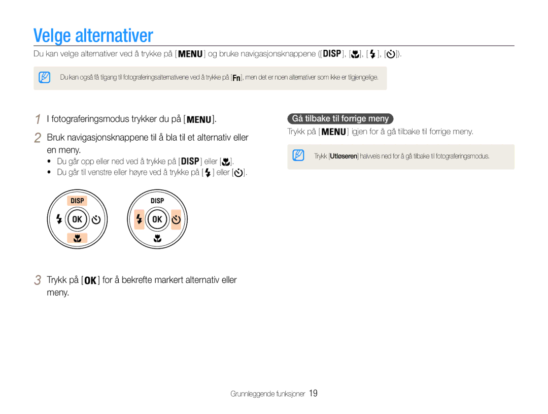 Samsung EC-ST30ZZBPBE2, EC-ST30ZZBPEE2, EC-ST30ZZBPPE2 Velge alternativer, En meny, Gå tilbake til forrige meny, Trykk på 