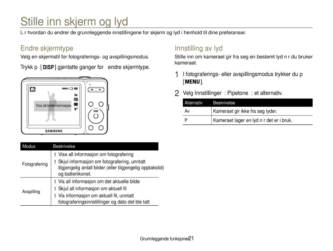 Samsung EC-ST30ZZBPRE2, EC-ST30ZZBPEE2, EC-ST30ZZBPPE2 manual Stille inn skjerm og lyd, Endre skjermtype, Innstilling av lyd 