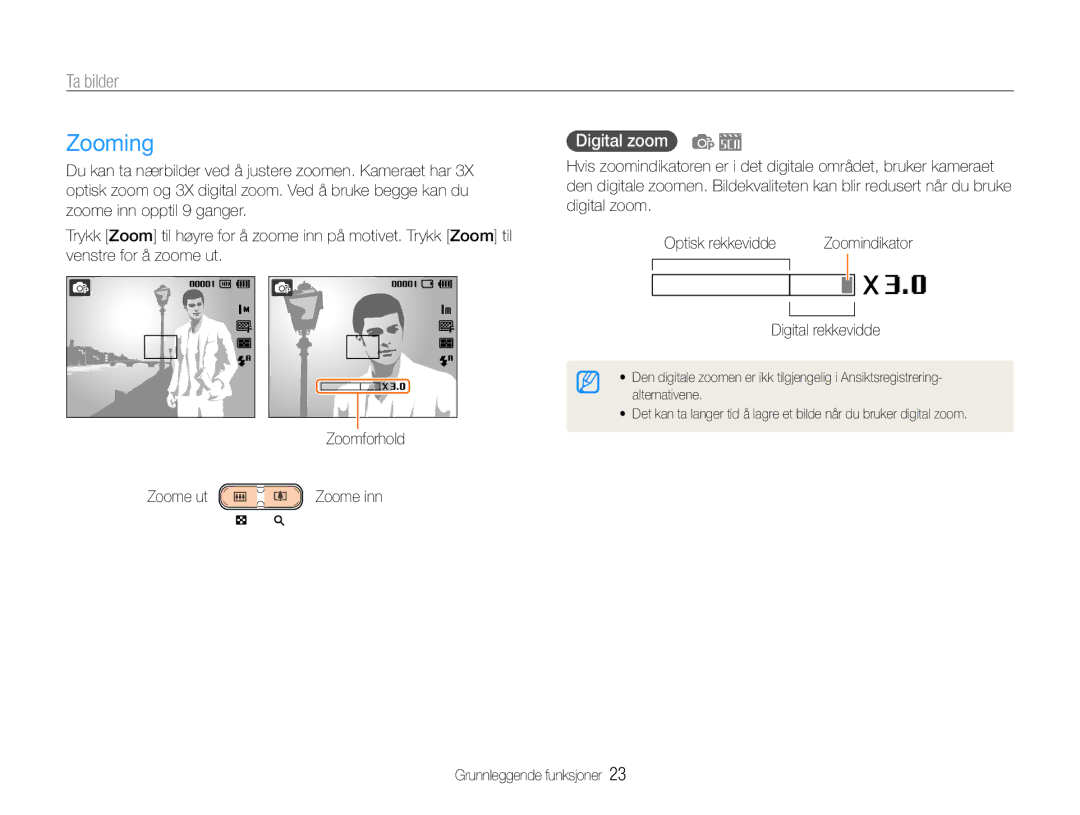 Samsung EC-ST30ZZBPEE2, EC-ST30ZZBPPE2 manual Zooming, Ta bilder, Digital zoom, Zoome ut Zoome inn, Digital rekkevidde 