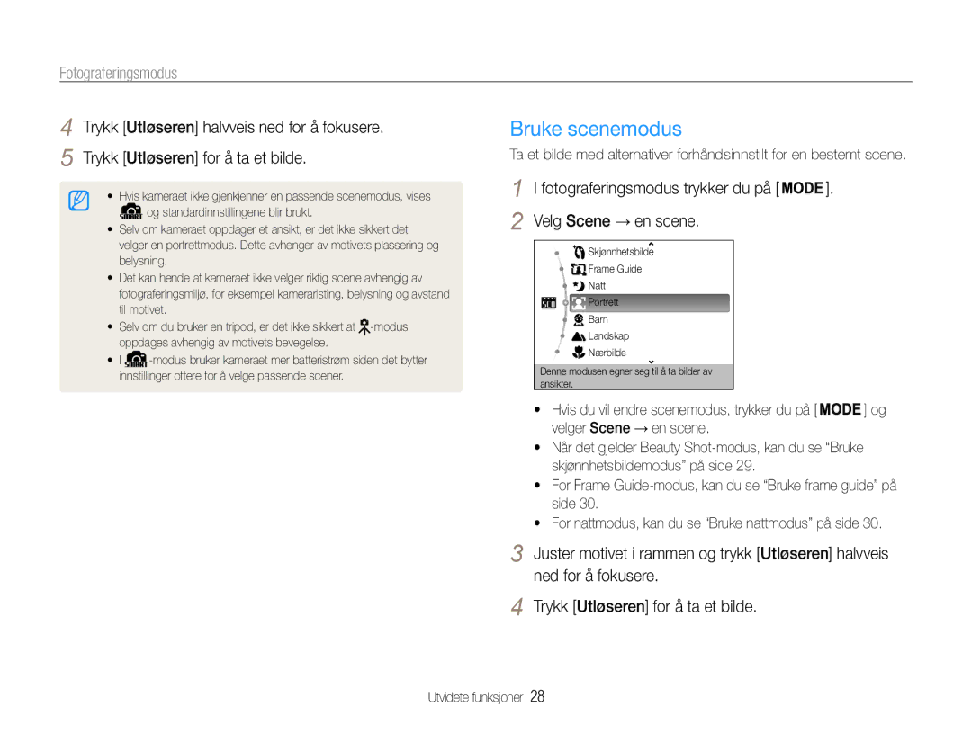 Samsung EC-ST30ZZBPSE2, EC-ST30ZZBPEE2, EC-ST30ZZBPPE2 manual Bruke scenemodus, Fotograferingsmodus, Velg Scene → en scene 