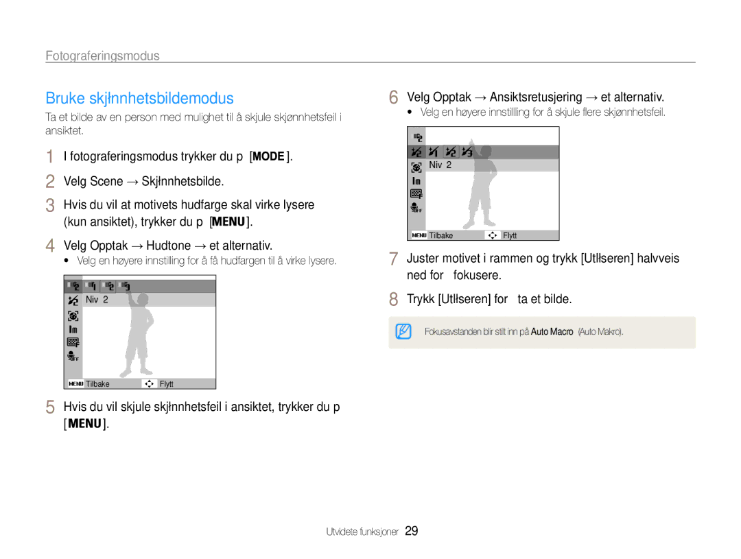 Samsung EC-ST30ZZBPEE2, EC-ST30ZZBPPE2 manual Bruke skjønnhetsbildemodus, Velg Opptak → Ansiktsretusjering → et alternativ 