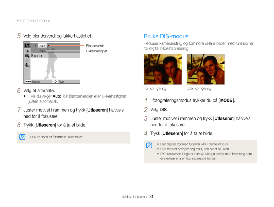 Samsung EC-ST30ZZBPBE2, EC-ST30ZZBPEE2 Bruke DIS-modus, Velg blenderverdi og lukkerhastighet, Velg et alternativ, Velg DIS 