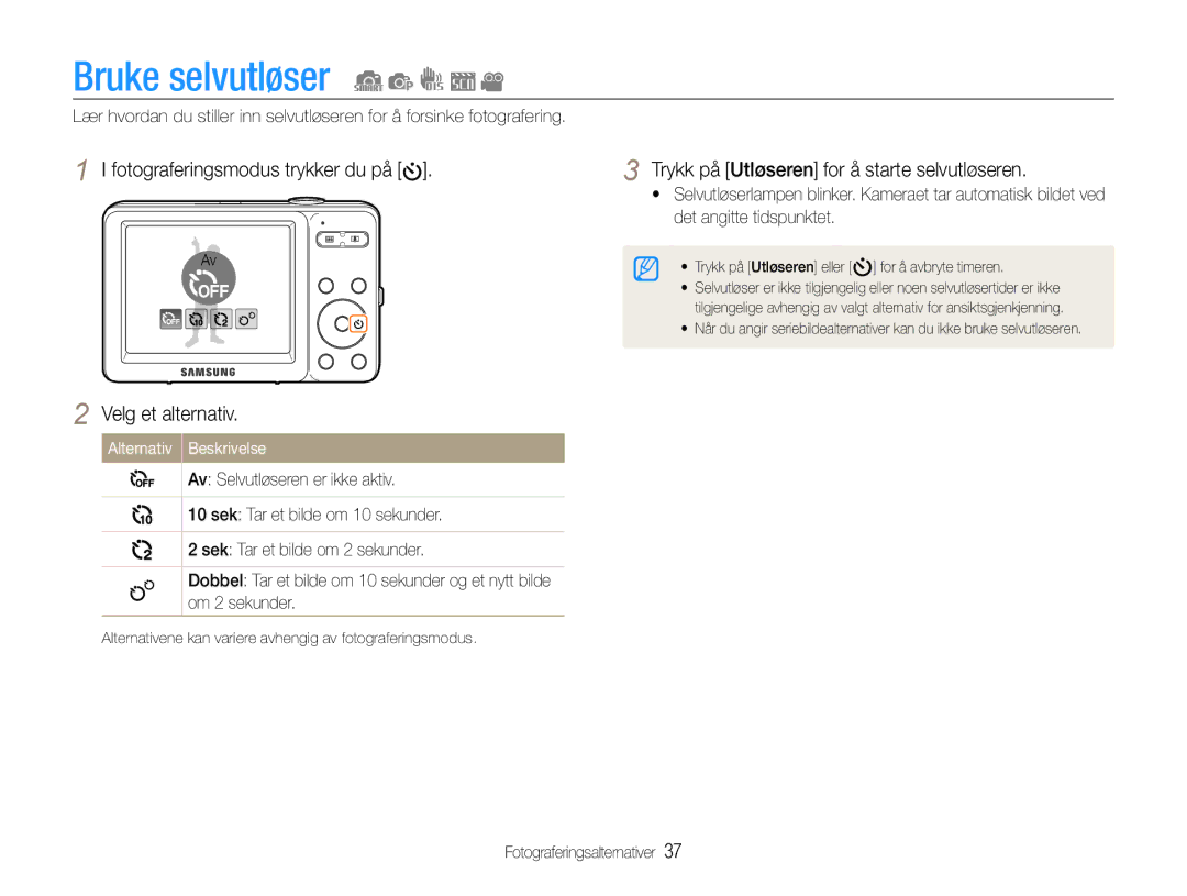 Samsung EC-ST30ZZBPBE2, EC-ST30ZZBPEE2 manual Bruke selvutløser, Fotograferingsmodus trykker du på Velg et alternativ 