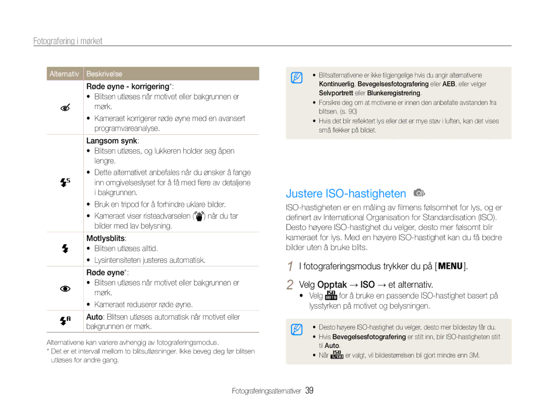 Samsung EC-ST30ZZBPRE2, EC-ST30ZZBPEE2, EC-ST30ZZBPPE2, EC-ST30ZZBPBE2 manual Justere ISO-hastigheten, Fotografering i mørket 