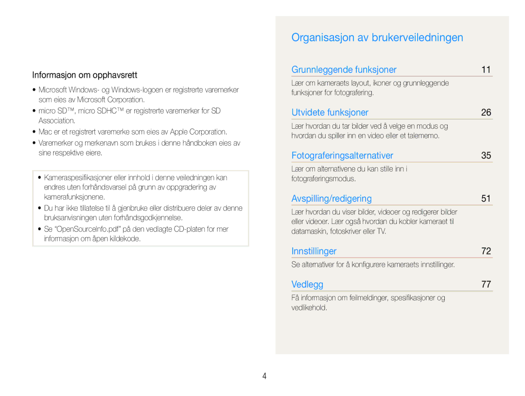 Samsung EC-ST30ZZBPSE2, EC-ST30ZZBPEE2, EC-ST30ZZBPPE2 manual Organisasjon av brukerveiledningen, Informasjon om opphavsrett 