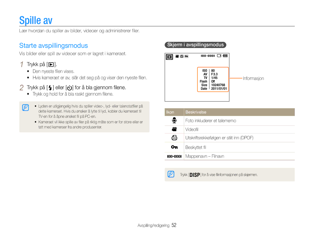 Samsung EC-ST30ZZBPSE2, EC-ST30ZZBPEE2 manual Spille av, Starte avspillingsmodus, Trykk på eller for å bla gjennom filene 