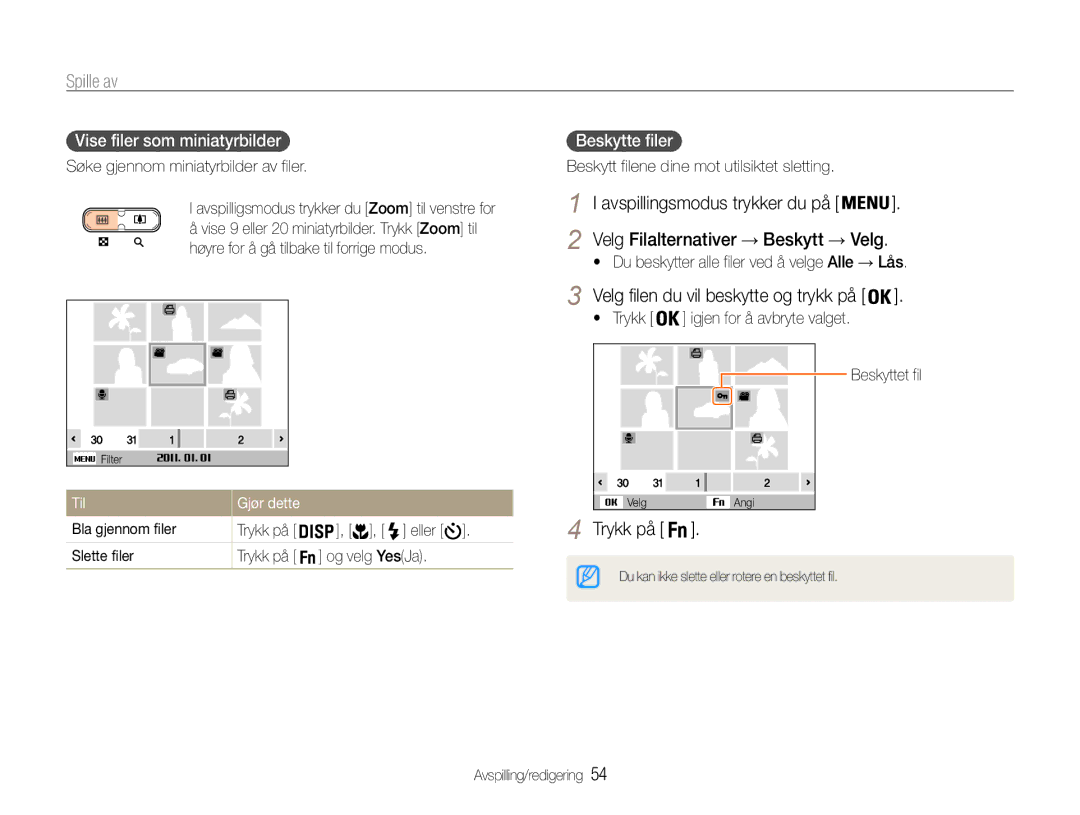 Samsung EC-ST30ZZBPPE2 manual Avspillingsmodus trykker du på, Vise filer som miniatyrbilder, Beskytte filer, Til Gjør dette 