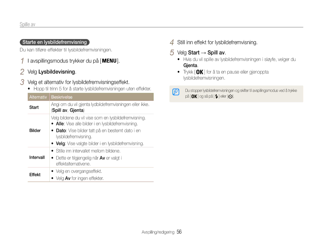 Samsung EC-ST30ZZBPLE2, EC-ST30ZZBPEE2 Avspillingsmodus trykker du på Velg Lysbildevisning, Starte en lysbildefremvisning 