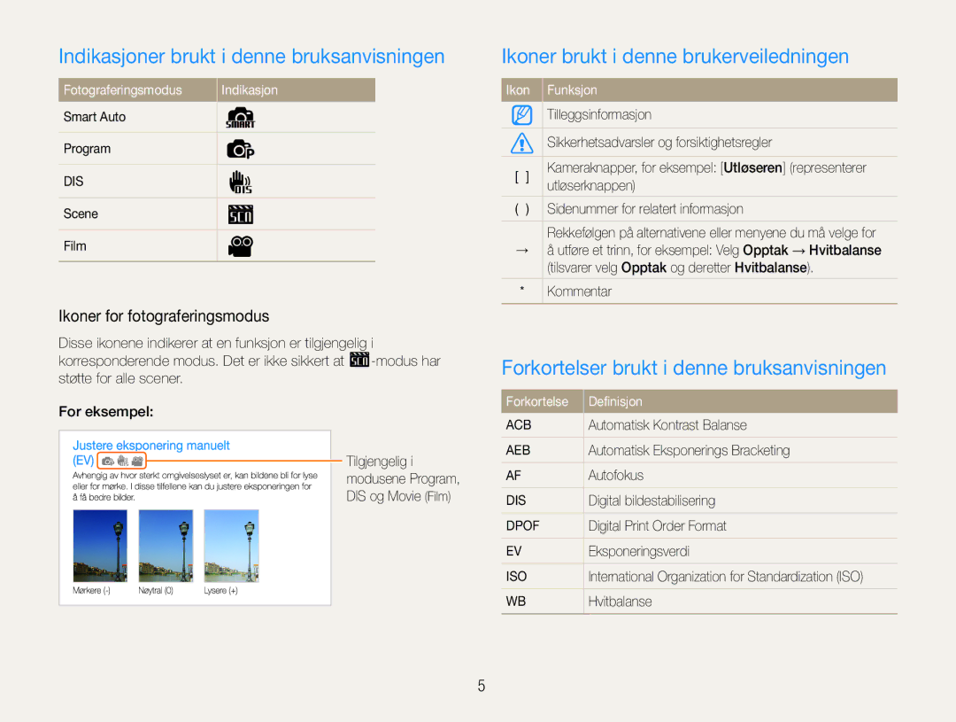 Samsung EC-ST30ZZBPEE2 manual Indikasjoner brukt i denne bruksanvisningen, Ikoner brukt i denne brukerveiledningen 