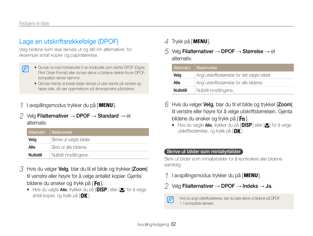 Samsung EC-ST30ZZBPLE2 manual Lage en utskriftsrekkefølge Dpof, Velg Filalternativer → Dpof → Størrelse → et, Alternativ 