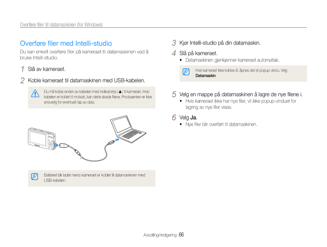 Samsung EC-ST30ZZBPPE2 manual Overføre filer med Intelli-studio, Kjør Intelli-studio på din datamaskin Slå på kameraet 