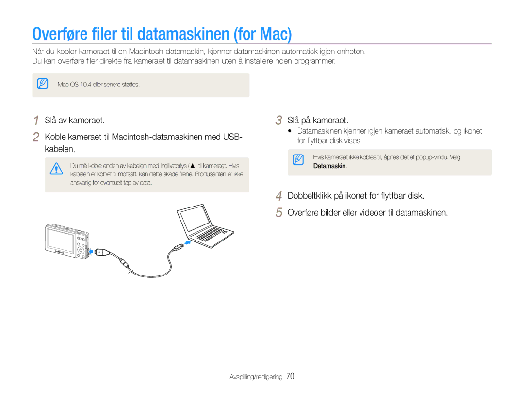 Samsung EC-ST30ZZBPSE2, EC-ST30ZZBPEE2, EC-ST30ZZBPPE2, EC-ST30ZZBPBE2 manual Overføre filer til datamaskinen for Mac 