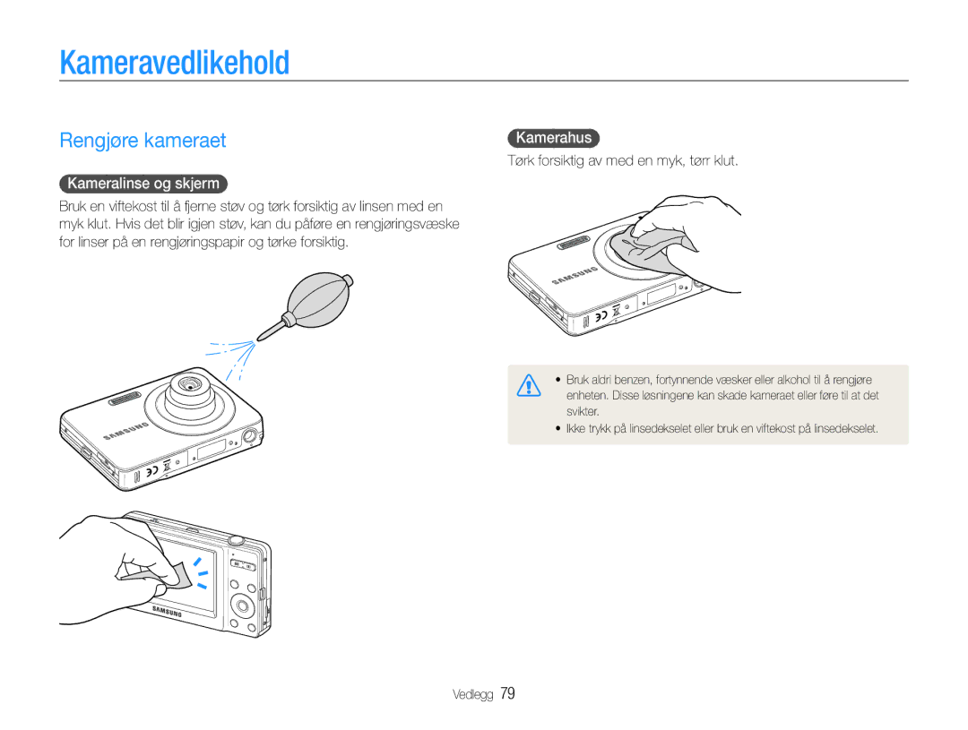 Samsung EC-ST30ZZBPBE2, EC-ST30ZZBPEE2 manual Kameravedlikehold, Rengjøre kameraet, Kameralinse og skjerm, Kamerahus 