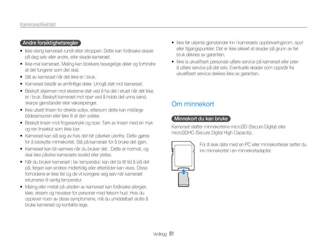 Samsung EC-ST30ZZBPRE2, EC-ST30ZZBPEE2, EC-ST30ZZBPPE2 manual Om minnekort, Andre forsiktighetsregler, Minnekort du kan bruke 