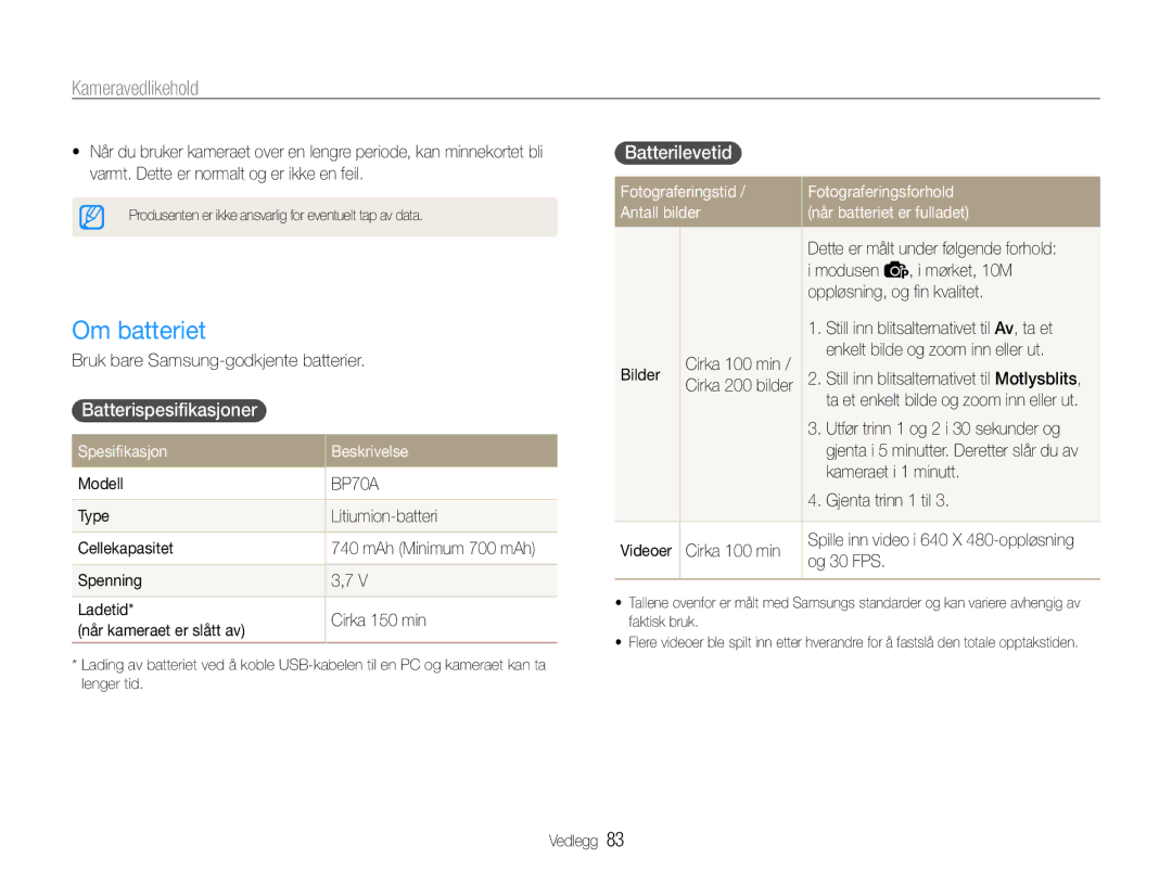 Samsung EC-ST30ZZBPEE2, EC-ST30ZZBPPE2 Om batteriet, Batterispesifikasjoner, Batterilevetid, Spesifikasjon Beskrivelse 