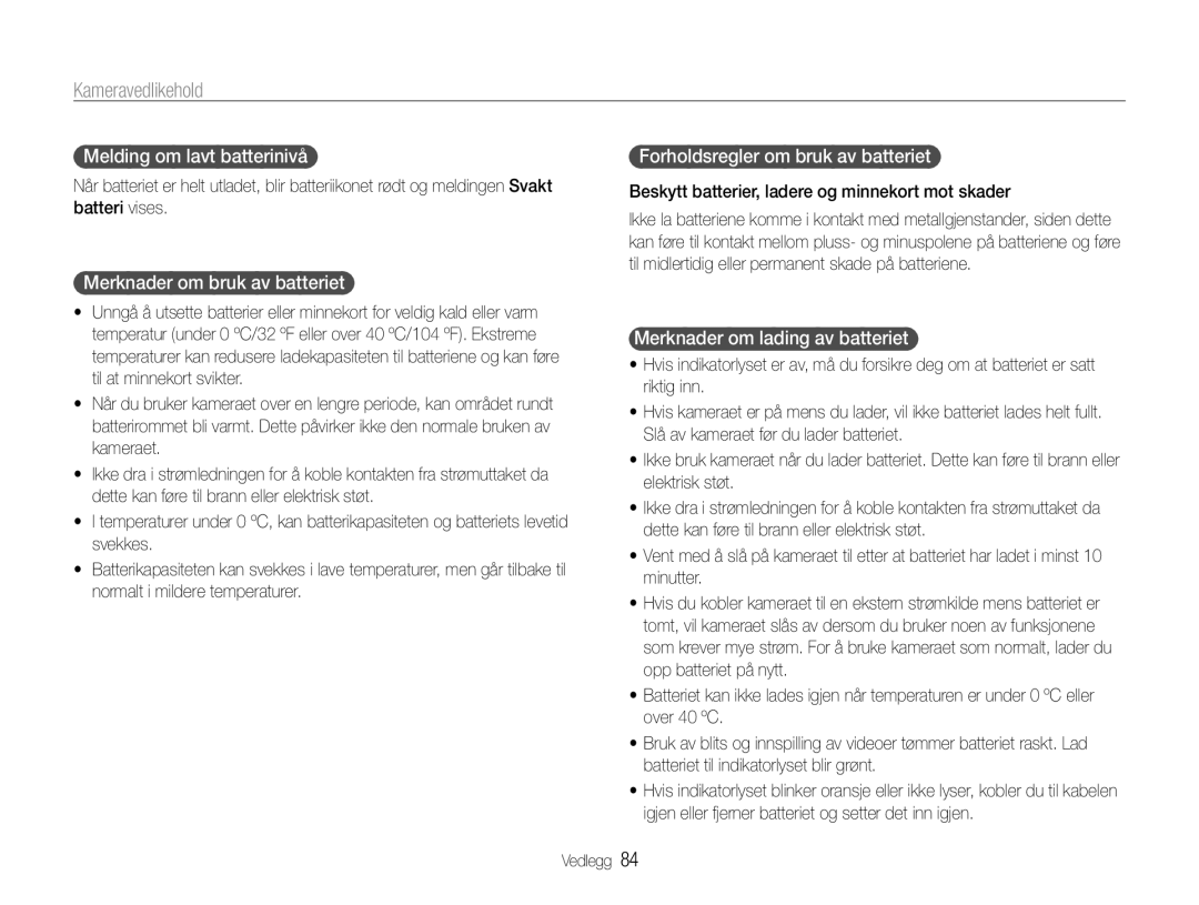 Samsung EC-ST30ZZBPPE2 Melding om lavt batterinivå, Merknader om bruk av batteriet, Forholdsregler om bruk av batteriet 