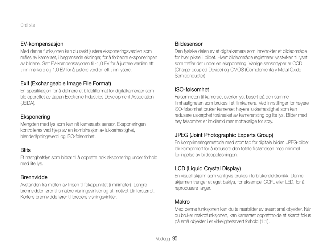 Samsung EC-ST30ZZBPEE2, EC-ST30ZZBPPE2, EC-ST30ZZBPBE2, EC-ST30ZZBPLE2, EC-ST30ZZBPRE2, EC-ST30ZZBPSE2 manual Ordliste 