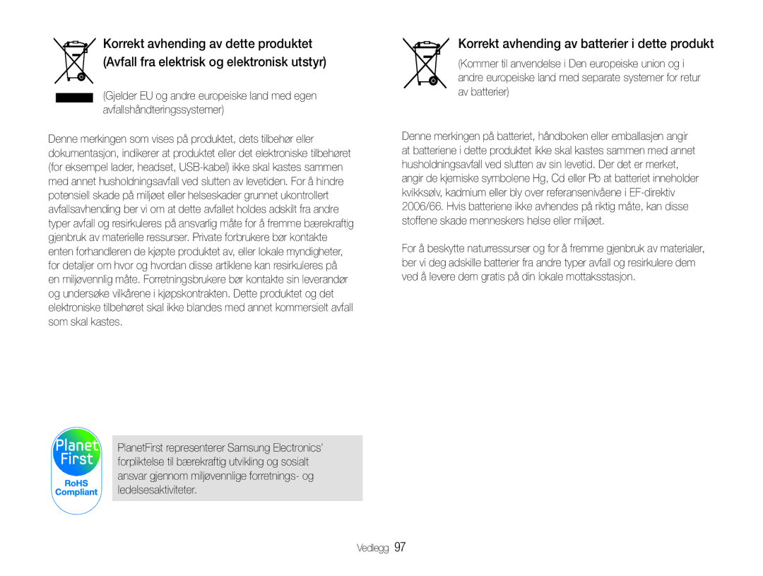 Samsung EC-ST30ZZBPBE2, EC-ST30ZZBPEE2, EC-ST30ZZBPPE2, EC-ST30ZZBPLE2 manual Korrekt avhending av batterier i dette produkt 