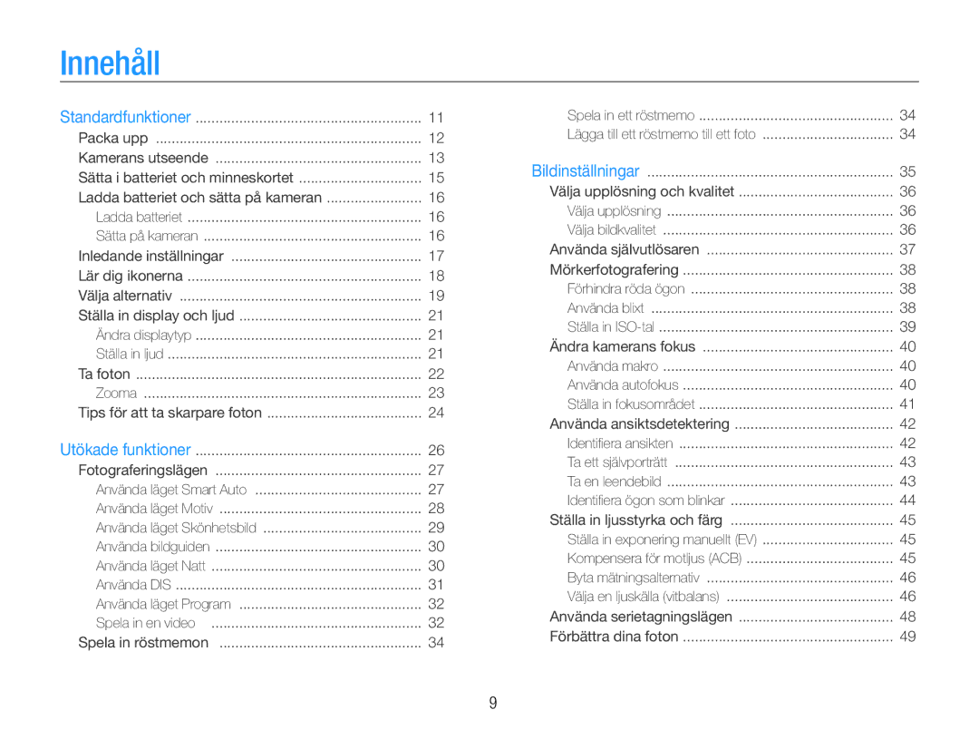 Samsung EC-ST30ZZBPRE2, EC-ST30ZZBPEE2, EC-ST30ZZBPPE2, EC-ST30ZZBPBE2, EC-ST30ZZBPLE2, EC-ST30ZZBPSE2 manual Innehåll 