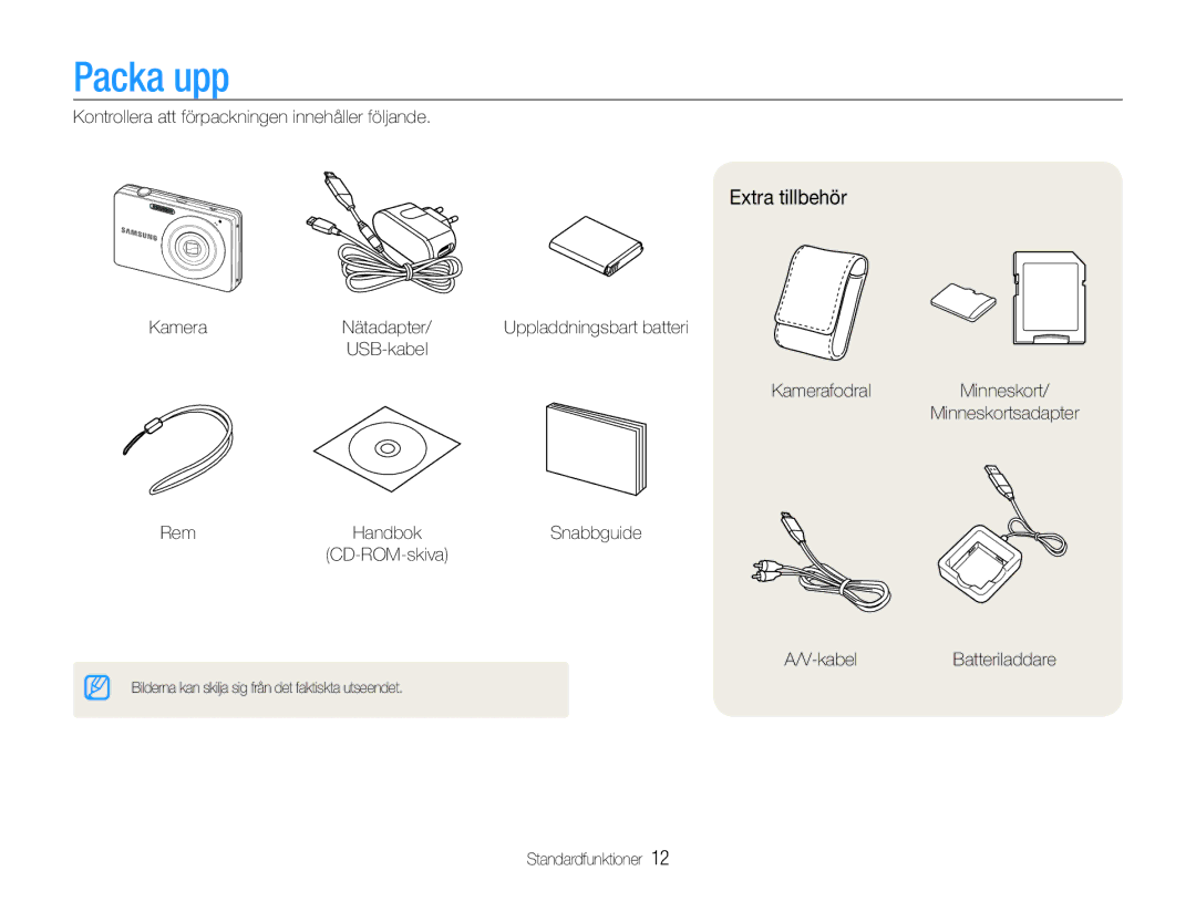 Samsung EC-ST30ZZBPPE2, EC-ST30ZZBPEE2, EC-ST30ZZBPBE2, EC-ST30ZZBPLE2, EC-ST30ZZBPRE2 manual Packa upp, Extra tillbehör 