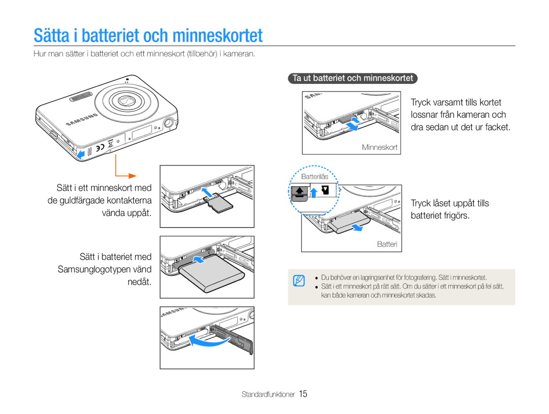 Samsung EC-ST30ZZBPRE2 manual Sätta i batteriet och minneskortet, Sätt i batteriet med Samsunglogotypen vänd nedåt, Batteri 