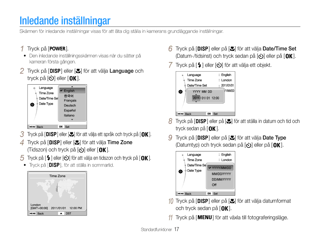 Samsung EC-ST30ZZBPEE2, EC-ST30ZZBPPE2, EC-ST30ZZBPBE2, EC-ST30ZZBPLE2, EC-ST30ZZBPRE2, EC-ST30ZZBPSE2 Inledande inställningar 