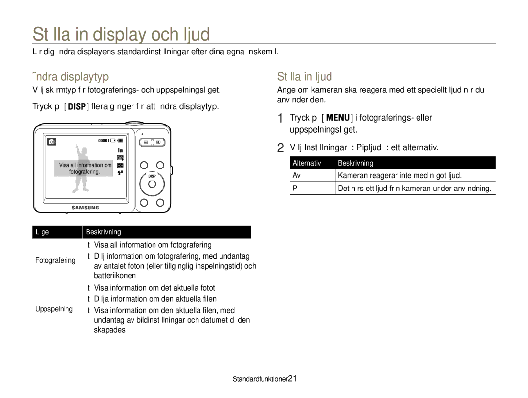 Samsung EC-ST30ZZBPRE2, EC-ST30ZZBPEE2, EC-ST30ZZBPPE2 manual Ställa in display och ljud, Ändra displaytyp, Ställa in ljud 