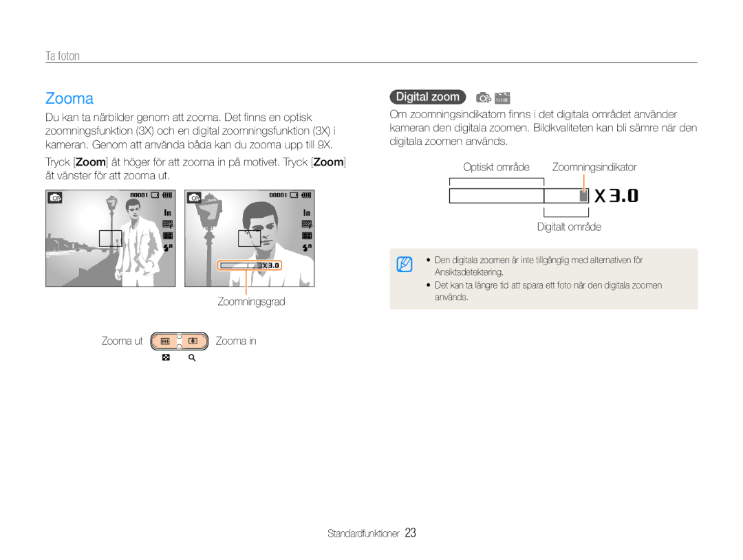 Samsung EC-ST30ZZBPEE2, EC-ST30ZZBPPE2, EC-ST30ZZBPBE2 manual Ta foton, Digital zoom, Zooma ut Zooma, Digitalt område 