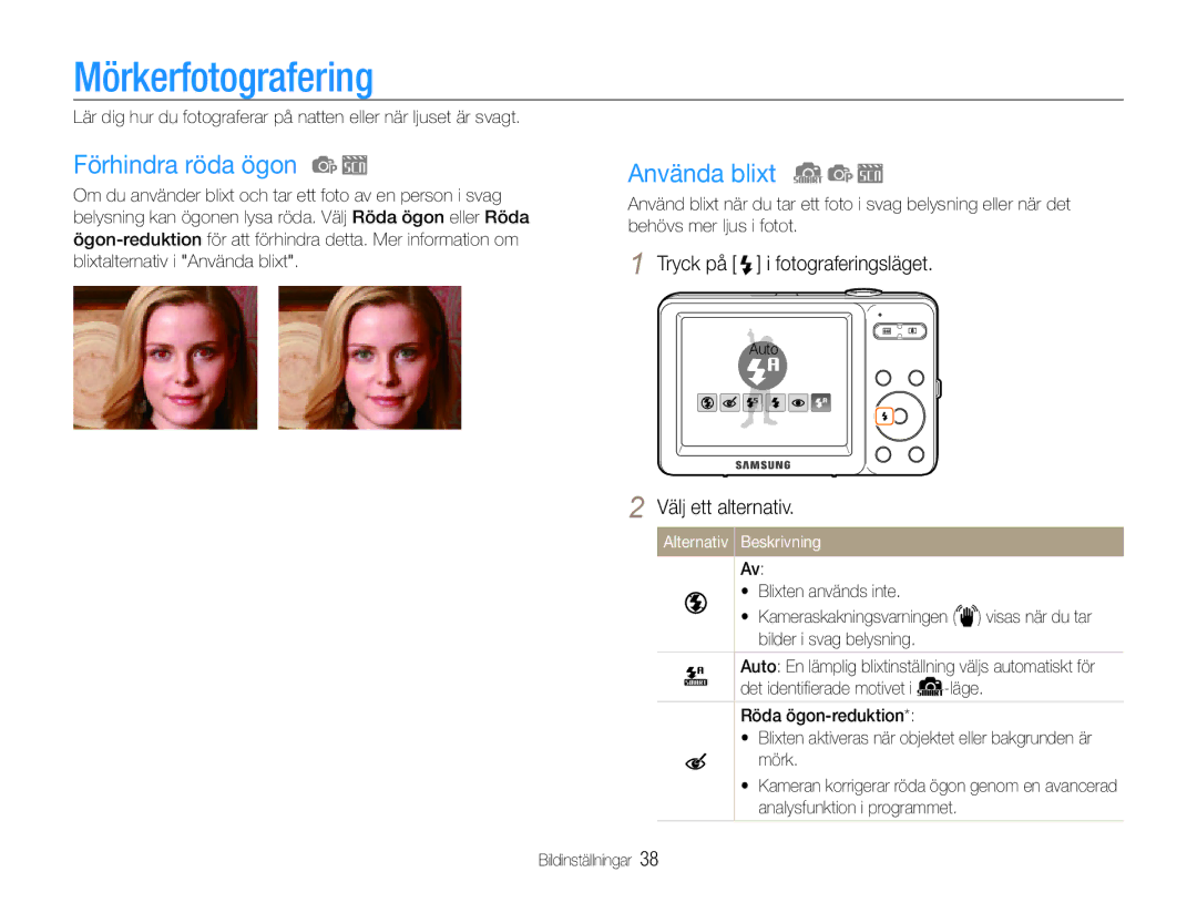 Samsung EC-ST30ZZBPLE2 manual Mörkerfotografering, Förhindra röda ögon, Använda blixt, Tryck på i fotograferingsläget 