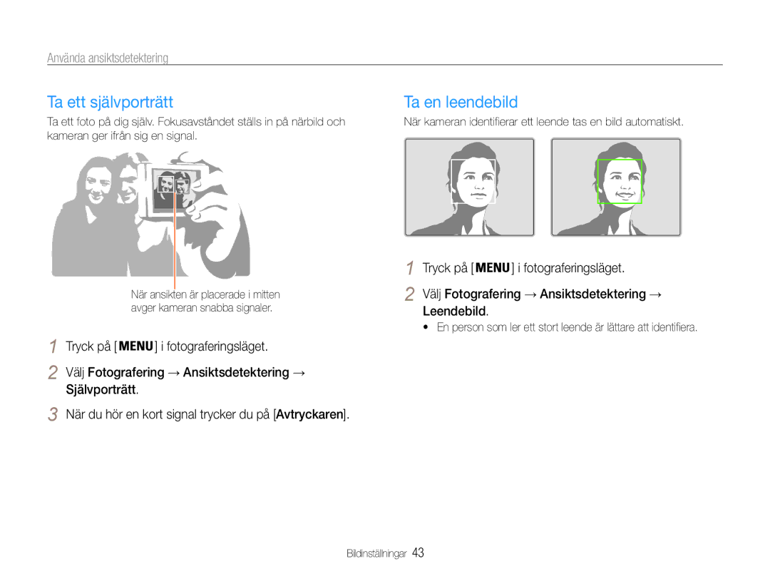Samsung EC-ST30ZZBPBE2, EC-ST30ZZBPEE2 manual Ta ett självporträtt, Ta en leendebild, Använda ansiktsdetektering, Leendebild 